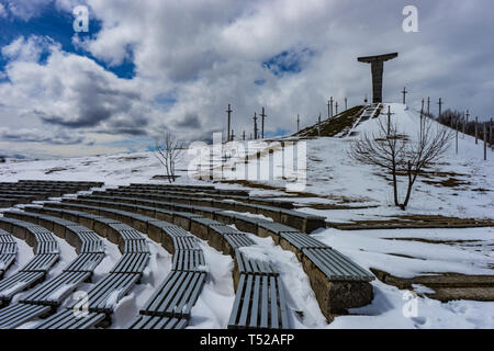 03 APRIL 2019, GEORGIA, TBILISI, Famous Didgori battle monument with giant swards and sculptures of soldiers close to Tbilisi in Caucasus mountain ran Stock Photo