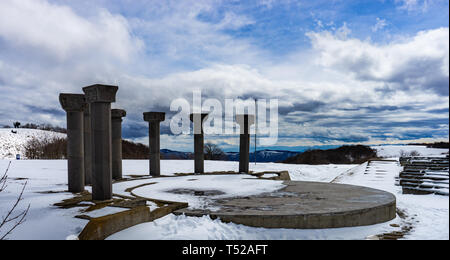 03 APRIL 2019, GEORGIA, TBILISI, Famous Didgori battle monument with giant swards and sculptures of soldiers close to Tbilisi in Caucasus mountain ran Stock Photo