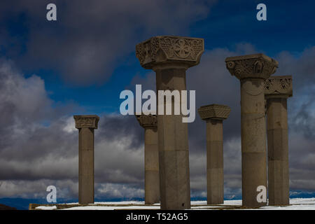 03 APRIL 2019, GEORGIA, TBILISI, Famous Didgori battle monument with giant swards and sculptures of soldiers close to Tbilisi in Caucasus mountain ran Stock Photo