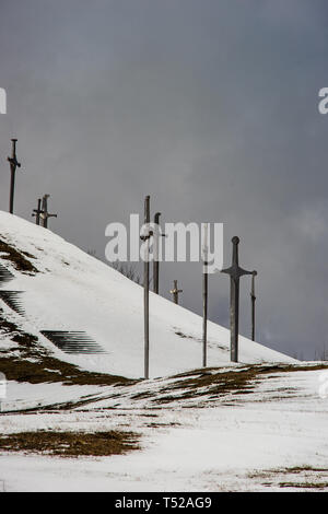 03 APRIL 2019, GEORGIA, TBILISI, Famous Didgori battle monument with giant swards and sculptures of soldiers close to Tbilisi in Caucasus mountain ran Stock Photo