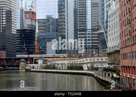 Buildings along the Chicago River at Wolf Point in the Loop, Chicago, Illinois Stock Photo