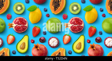 Seamless pattern of different fruits and berries, flat lay, top view, tropical and exotic texture