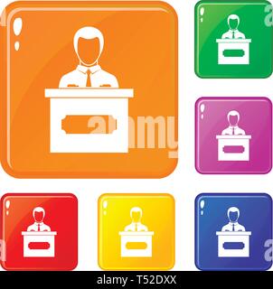 Businessman giving presentation icons set vector color Stock Vector