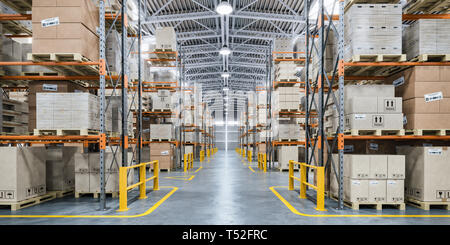 Warehouse or storage and shelves with cardboard boxes. Industrial background. 3d illustration Stock Photo