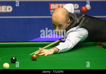 Luca Brecel during day one of the 2019 Betfred World Championship at The Crucible, Sheffield. Stock Photo