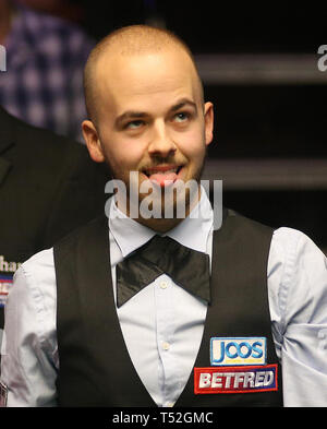 Luca Brecel during day one of the 2019 Betfred World Championship at The Crucible, Sheffield. Stock Photo