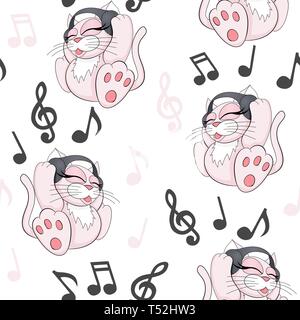 Seamless pattern with cute cartoon kitten with headphones on white background Stock Vector