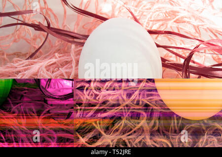 Shooting Easter, one egg on a pink background - damaged file. Abstract texture background noise Glitch camera VHS pixel error. For use in the modern f Stock Photo