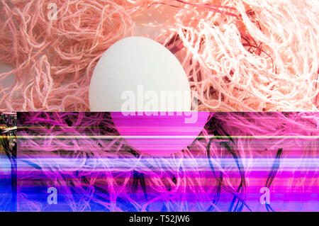 Shooting Easter, one egg on a pink background - damaged file. Abstract texture background noise Glitch camera VHS pixel error. For use in the modern f Stock Photo