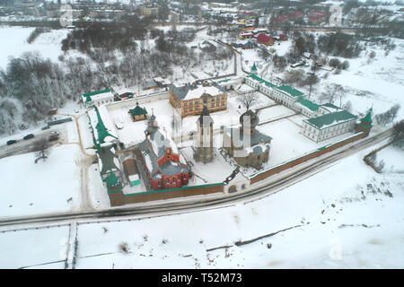 View of the Old Ladoga Nikolsky monastery in the cloudy February afternoon (aerial photographi). Old Ladoga, Russia Stock Photo
