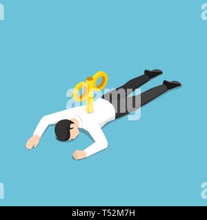 Flat 3d isometric exhausted businessman with wind-up key in his back lying on the floor. Hard working and overworked concept. Stock Vector