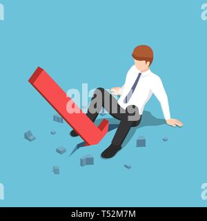 Flat 3d isometric red arrow falling between businessman legs. Business and financial crisis concept. Stock Vector