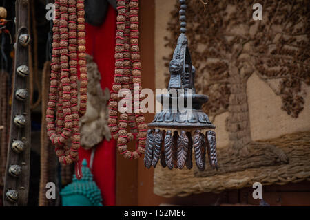 Religious articles and rosaries of rudraksha beads kept for sale at Bhaktapur in Kathmandu. Stock Photo