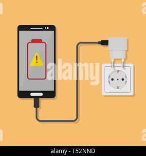 smartphone is charging from the outlet of household power supply. On the smartphone screen fault warning Stock Vector