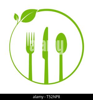 Circle with leaves and Cutlery. Blank for menu, flat design Stock Vector