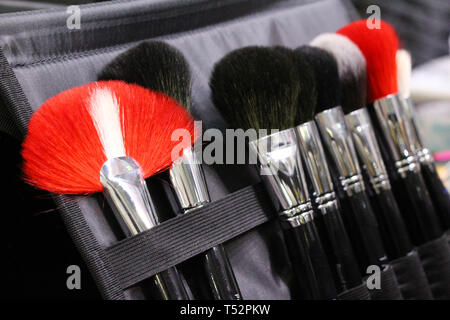 A set of makeup brushes in a case. Brushes black, red and white. Facials, the choice of makeup artists. Wide brush for powder. Stock Photo