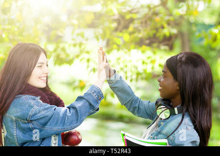 White Caucasian and black African American students holding hands together in world unity racial love and understanding concept. Stock Photo