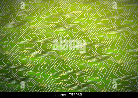 Complicated computer microchip with golden contacts on green motherboard in perspective Stock Vector