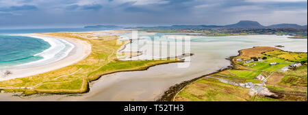 Aerial view of the famous Magheraroarty beach - Machaire Rabhartaigh - on the Wild Atlantic Way in County Donegal - Ireland. Stock Photo