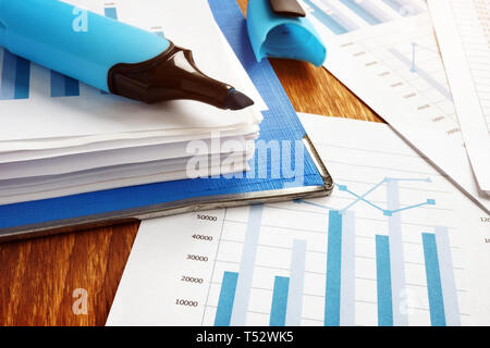 Financial graphs and report with marker. Folder and business papers. Stock Photo