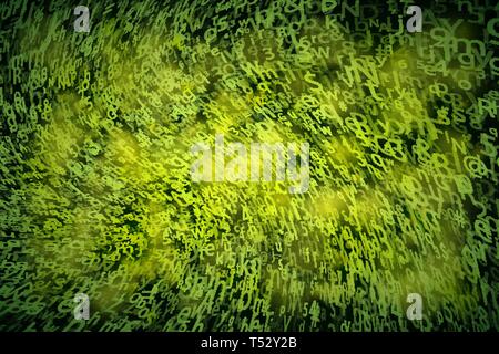 A lot of abstract chaotic complicated crypto symbols twisted on black with lights, data encryption binary code concept Stock Vector