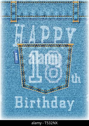 Happy 18th Birthday greeting card. Realistic denim background with jeans pocket for greeting or cash. Vector illustration. All elements are on separat Stock Vector
