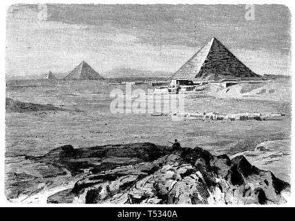 Illustration of Wood Engraving of the Pyramids of Giza and River Nile ...