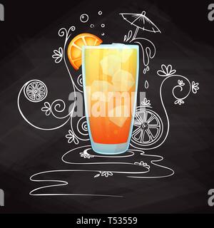 Realistic cocktail on chalk background with doodle, pattern. Vector illustration Stock Vector