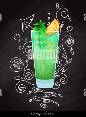 Realistic cocktail on chalk background with doodle, pattern. Vector illustration Stock Vector