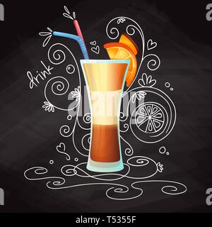 Realistic cocktail on chalk background with doodle, pattern. Vector illustration Stock Vector