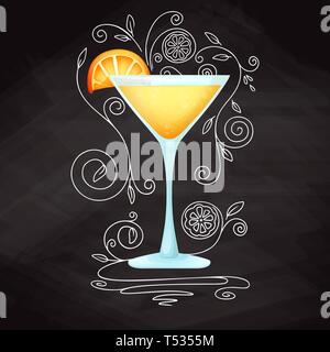 Realistic cocktail on chalk background with doodle, pattern. Vector illustration Stock Vector