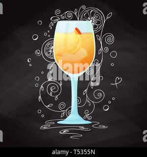 Realistic cocktail on chalk background with doodle, pattern. Vector illustration Stock Vector
