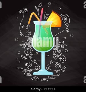 Realistic cocktail on chalk background with doodle, pattern. Vector illustration Stock Vector