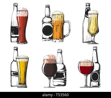 Set of different bottles and glasses of beer. Color sketch. Vector illustration Stock Vector
