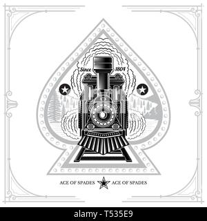Ace of spades with black silhouette of face old locomotive with smoke on wild landscape. Engraving illustration isolated on white Stock Vector
