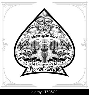 Motorbike front view between two skulls flags and torch nside ace of spades form. Vintage motorcycle design playing card or t t-shirt element black on Stock Vector