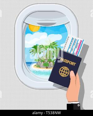 Window from inside the airplane. Hand with passport and ticket. Aircraft porthole shutter. Tropical island with palm tree in ocean. Air journey or vac Stock Vector