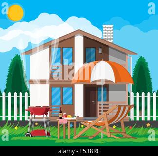 Bbq party. Sun lounger, table with bottle of wine, vegetables and cheese, electric grill with barbecue and umbrella. Cooking steak, meat and sausages, Stock Vector