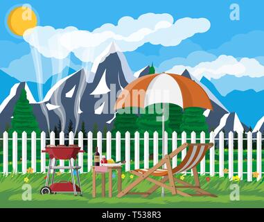Bbq party. Sun lounger, table with bottle of wine, vegetables and cheese, electric grill with barbecue and umbrella. Cooking steak, meat and sausages, Stock Vector