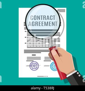 Hand of lawyer with magnifying glass checks contract papaer. Research documents, research documents. Vector illustration in flat style Stock Vector
