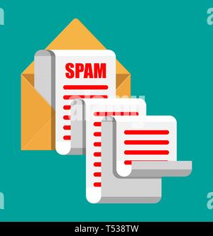 Yellow paper enevelope and spam mail concept. Long emails. Email box hacking, spam warning, virus and malware, network security. Vector Illustration i Stock Vector