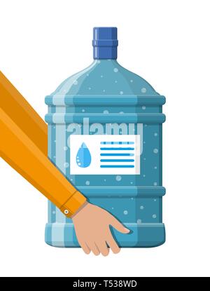 Big bottle with clean water for cooler in hand. Plastic container for pure drinking water. Shipping and delivery. Vector illustration in flat style Stock Vector
