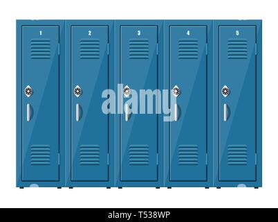 Blue metal cabinets. Lockers in school or gym with silver handles and locks. Safe box with doors, cupboard, compartment. Vector illustration in flat s Stock Vector