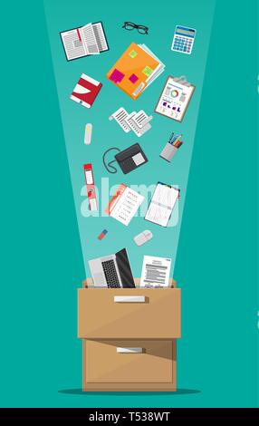 Office furniture. Case, box with folders, document papers, calendar, calculator, laptop and pencils, eyeglasses, book, ring binder and phone. Cabinet, Stock Vector