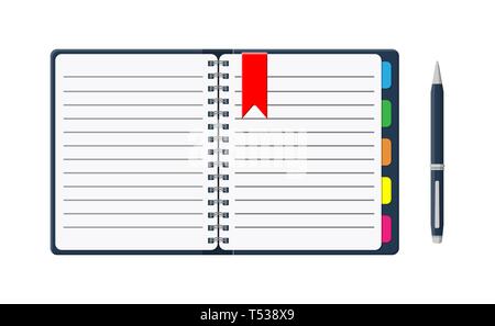 Notepad and paper sheets with bookmarks and pen. Calendar for records. Open and closed diary notebook. School, business, education template. Stationer Stock Vector