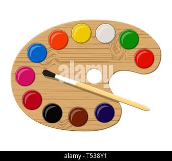 Wooden art palette with paints and brush isolated on white. Colorful watercolour box. Different colors palette. Tool for designer, illustrator, artist Stock Vector