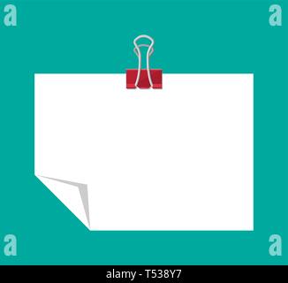 Empty paper sheet hanging with paper clip. Clerical clothespin. Education and work. Stationery and office supply. Vector illustration in flat style Stock Vector