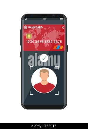 Smartphone with payment app using face recognition and identification. Biometric identification face id. Wireless contactless or cashless payments, rf Stock Vector