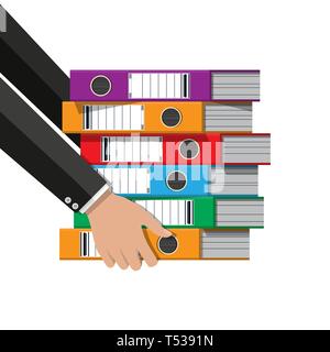 Files in hand, ring binders, colorful office folders. Side view. Bureaucracy, paperwork and office. Vector illustration in flat style Stock Vector