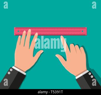 Plastic measuring ruler in hand. Tools for education and work. Stationery and office supply. Vector illustration in flat style Stock Vector